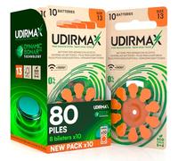 80 Piles Auditives Udirmax Taille 13 PR48 Orange Zinc-Air Eco Pack - 8 Blisters Écologiques de 10 Piles