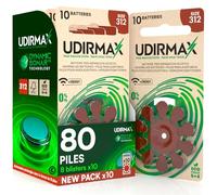 80 Piles Auditives Udirmax Taille 312 PR41 Zinc-Air Eco Pack Marron - 8 Blisters Écologiques de 10 Piles