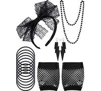 80 s Costume Fantaisie Ensemble, Serre-Tête en Dentelle Boucles d'oreilles Néon Gants Résille sans Doigts Noir Bracelets en Silicone pour Les Années 80 Fête et Halloween