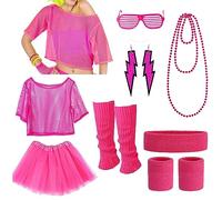 80 s Tenue Femmes Ensemble, 80 s Tenue Femmes thème fête résille Haut, néon 80 s Tenue fête, 80 s vêtements Costume néon Accessoires(Rose)