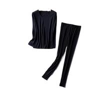 80% Soie Naturelle 20% Coton Femmes Chaud sous-vêtement Thermique Ensemble Longs Johns ML XL XXL pour Femmes(Black,M)