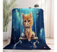 80 x 150 cm Couverture Polaire Super Douce - Jeté de Canapé Motif Fantastique Dessin animé Chaton, Couverture Double Face Sherpa Extra Épaisse et Chaude pour Canapé ou Salon Bleu