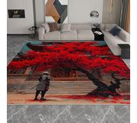 80 x 150 cm Tapis de Salon Samouraï Des Fleurs De Cerisier Japonaises Poils Courts Super Doux Lavable et antidérapant Tapis pour Salon, Chambre, Chambre d’Enfant, Salle à Manger, Bureau, Rouge