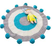 Φ80cm Tapis tricoté bleu en fibre polyester Salon Tapis de chambre rond tricoté Tapis d'éveil avec boules moelleuses