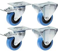 80mm 3" castor blue rubber brake & fixed strong 560kg capacity, set of 4