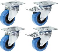 80mm 3" castor blue rubber swivel & brake strong 560kg capacity, set of 4