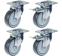 80mm 3" castor grey rubber tyre swivel & brake strong 320kg capacity, set of 4