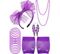 80s Bandeau en Dentelle Boucles d'oreilles Gants Résille Collier Bracelet pour Partie de 80's (Violet)