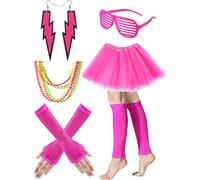 80s Costume Set for Women - Fancy Dress Outfit with Neon Accessories, Necklace, Blinds Glasses, Earrings, Fishnet Gloves, Leg Warmers, Tutu Skirt | Retro 1980s Party Wear, Themed Event Costume