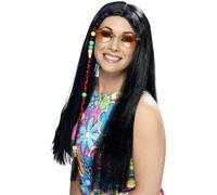 80s Perruque Hippie Avec Perles Long Noir Adultes Hippie Accessoire Déguisement