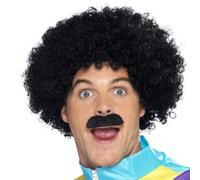 80's Scouser Noir Perruque Afro + Moustache Ensemble Hommes Tach Kit 118 Costume