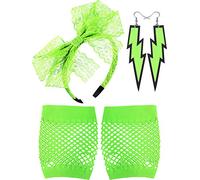 80's Serre-Tête en Dentelle Boucles d'oreilles au Néon Gants Résille sans Doigts pour 80's Partie (Vert Fluorescent)