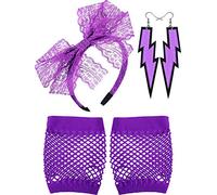 80's Serre-Tête en Dentelle Boucles d'oreilles au Néon Gants Résille sans Doigts pour 80's Partie (Violet)