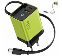 80W Chargeur GaN 3-in-1 USB C avec 65CM Câble Rétractable 3 Ports Rapide
