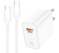 80W Chargeur USB Charge Rapide Murale 2 Ports pour Honor Magic V6 600 Pro | pour super-charge 66W Adaptateur Secteur avec 1 m Câble USB C pour Magic6 Pro RSR 400 90 70 X9d X9c Pad V9 Magic V3 V5 7 Lite