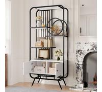 80x30x180cm Étagère métallique, armoire de stockage blanche avec double porte, 3 étagères, structure métallique noire, pieds hauts, décoration ronde, blanc + noir