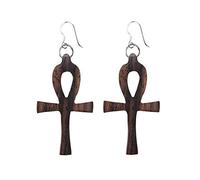 81stgeneration Boucles D'Oreilles Croix Ankh en Bois avec Crochets en Argent 925 | Boucles D'Oreilles Pendantes Marron Hiéroglyphes Égyptiens pour Femmes | Bijoux en Bois Naturel Crux Ansata