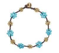 81stgeneration Bracelet de Cheville en Laiton Doré avec Cordon Marron et Fleurs de Marguerite en Perles Dorées et Turquoise | Indien | Cloches de Cheville de Style | Bijoux de Pieds pour Femmes