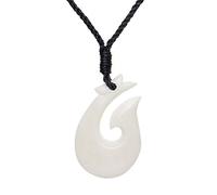 81stgeneration Collier Hei Matau en Os Sculpté Lisse | Pendentif Simple de Style Maori | Bijoux Tribal Surfer Femme Homme | Collier Hawaïen en Cordon Noir avec Hameçon en Os