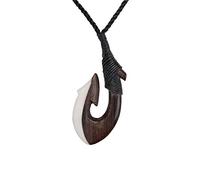81stgeneration Pendentif Long Hei Matau en Os et Bois Sculptés | Accessoire de Surfeur pour Homme | Collier en Cordon avec Hameçon de Style Maori Fait Main | Bijoux Tribaux en Bois pour Femmes
