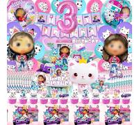 82 Pcs Décoration Anniversaire Gabby 3 ans, Deco Vaisselle Anniversaire Gabby, Theme Articles de Fête Gabb, Ballon, Nappe, Fond Photo, Décoration de Gâteau Maison