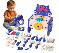 82PCS DIYative Tool Hub DIY Montessori Tool Box Set, DIY Boîte à outils Montessori, Jouet en Bois Outil pour Enfant avec perceuse électrique, Jeu de Construction Educatif pour Garcon Fille (Blue)