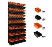 Etagere murale 84 bacs a bec oranges et noires, panneau murale 58 x 117 cm Etagere empilable pour garage, atelier, banc de travail, systeme de rangement modulable, fixer au mur