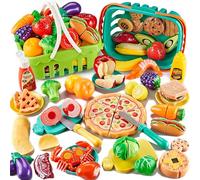 85 Pcs Aliments à Découper Jouet Enfant - Dînette Cuisine avec 2 Paniers, Pizza, Fruits et Légumes à Couper - Accessoires de Jeu d'Imitation Fille Garçon - Cadeau 3 Ans+