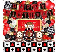 86 accessoires de fête de casino Las Vegas Happy Birthday - Kit de vaisselle de fête de casino - Accessoires de décoration - Jeu de cartes de poker - Club - Pêche - Assiette en carton pour 16 invités