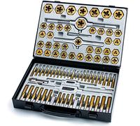 86-Piece Master Tap and Hex Die Set, Premium Titanium Coating | SAE Size #4 to 5/8”, Metric Size M3 to M16 | For All Coarse, Fine, Pipe Threads | Complete with Holders, Stocks, Gauges and Metal Case