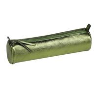 Clairefontaine - Trousse scolaire ronde 8711C - Véritable cuir d'agneau vert olive irisé Ø5,5×22 cm