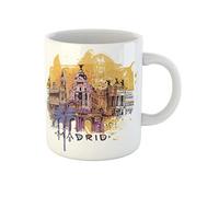 874 Tasses À Thé Bleu Espagne Madrid Croquis Jaune Peinture Architecture Pop Humoristique Tasses À Café Amusants Tasses En Porcelaine 330Ml Pour Café,Collègue,Fête Des Mères