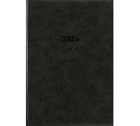 876-0020 Agenda de bureau noir 2024-14,5 x 21 cm - 1 jour sur 1 page - Couverture en plastique rembourrée - Division des heures 7 à 19 heures