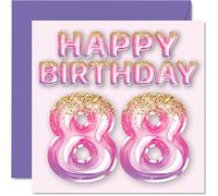 88th Birthday Card for Women - Pink & Purple Glitter Balloons - Happy Birthday Cards for 88 Year Old Woman Mum Great Nanny Grandma Gran, 145mm x 145mm Eighty-Eight Eighty-Eighth Greeting Cards Gift