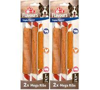 8in1 Triple Flavour Mega Ribs - Grandes bâtonnets à mâcher pour Chiens - Snacks à mâcher Riches en Viande, 140 g (2 pièces) (Lot de 2)