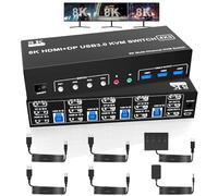 8K@60Hz 2 Displayport +HDMI USB3.0 KVM Switch 3 Moniteurs 4 Computers, 2 DP 1.4 +HDMI 2.1 Triple Monitor KVM Switch avec Audio Microphone +3 Ports USB3.0, Triple Monitor Keyboard Mouse Switcher