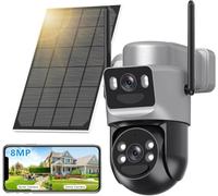 8MP Caméra Surveillance WiFi Extérieure à Double Objectif,4K Détection Humaine avec Panneau Solaire,360° PTZ Caméra IP,2.4G/5GHz,Suivi Automatique,Vision Nocturne Couleur,Audio Bidirectionnel,Étanche