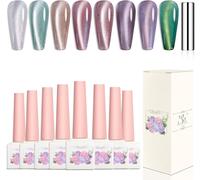 8pcs 12ml Cat Eye Trempage Uv Led Gel Vernis À Ongles Fleur Et Herbe Série,Vert Cristal Menthe Thé Doux Rose Brillant Cat Eye Magnet