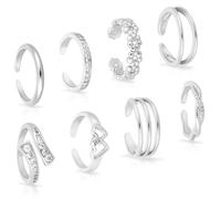 8pcs Bagues d'Orteil pour Femme, Bagues d'Orteil Ouvertes Réglables en Cuivre 8 Styles Élégants Décorations Pieds Bijoux de Plage pour Femme Accessoire d'Été (Argent)