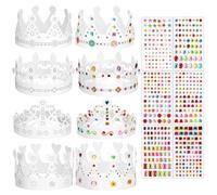 8pcs Chapeaux Couronne Galette des Rois Blanche d'Anniversaire Réglable en Papier avec 482pcs Autocollants Sticker Strass Diamant Étoile Carré Rond Cœur Décoration DIY pour Fête Epiphanie Célébration