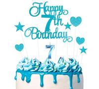 8pcs Décorations de Gâteau « Joyeux 7e Anniversaire », Bougie bleue Numéro 7 pour Gâteau D'anniversaire, Décoration de Gâteau en Forme D'Étoile bleue et cœur Pour Fête de D'anniversaire (Bleu)
