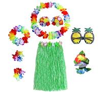 8Pcs Ensemble de Décoration de Fête Tropicale Hawaïenne,80cm Décoration de Fête Hawaïenne Jupe de Paille avec Hawaiian Guirlande Ananas Lunettes épingles à cheveuxpour la Décoration de Plage(Vert)