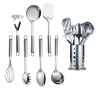 8pcs Ensemble d'ustensiles de cuisine - Acier inoxydable poli miroir Manche en bois - Préparation des repas - Lave vaisselle