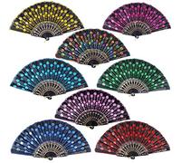 8pcs Éventails Espagnols Pliants Noir Bordée Paillettes Colorées Motif Paon pour Decoration Mariage Cadeau Danse