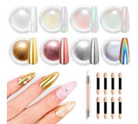 8PCS Poudre Chrome Ongle BISHENGYF: Poudre Ongle Effet Miroir Or Rose, Poudre à Ongle Chromée Blanche Nacrée Holo Chrome Nail Art Ongle avec 1 Brosse Ongle en Silicone pour Ongle Gel, Cadeau DIY Femme