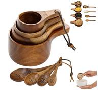 8PCS Wooden Measuring Cups and Spoons Set, Handcrafted Cute Measuring Cups Wood Kitchen Accessories, Wooden Measurements Cup and Spoons Kit for Dry Ingredients Cooking Baking