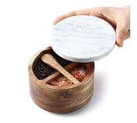 8SOM Boîte à sel et à poivre en acacia avec couvercle en marbre et cuillère intégrée, couvercle à poussière bien scellé, récipient pour du poivre, des épices, des herbes, double capacité de 5 oz