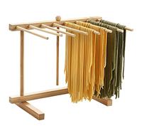 8SOM Égouttoir à pâtes pliable en bambou XL avec baguette de transfert et 8 barres, facile à transférer pour sécher les pâtes et la cuisson, design spécial de suspension pour un grand rangement