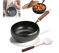 9"/11" Uncoated Iron Pan with Wooden Lid, Japanese Iron Pan, Hand Forged Non-Stick Irons Pans, Big Belly Pot Ironss Panss Stock Pot, for High-Heat Frying, Gas Stoves Induction Hobs (B,11.02in)