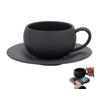 9.5oz/280ml Frosted Stone Texture Ceramic Mug with Saucer - Latte Art Cup for Coffee, Tea, Espresso, Milk, Home & Office Daily Use, Dishwasher Safe (Black)